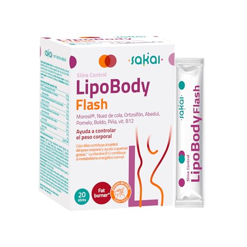 LipoBody Flash- Morosil™, Ortosifón, Abedul, Boldo, Piña, Pomelo, Nuez Cola y Vitamina B12- Bajar de peso, perder grasa cintura y caderas- 20 sticks, polvo masticable sabor fresa- Sakai Laboratorios