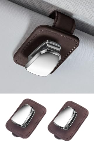 suflywe 2PCS Suede Leather Sunglasses Holder for Car, Super Stable Visor Sunglasses Holder Clip, Won't Deform The Sunglasses Temples, One-Handed-Operation Universal Fit (Brown)