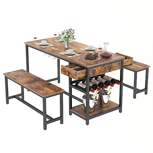 STIKELY-Dining-Table-Set-for-4-6-People-3-Pieces-Kitchen-Dinner-Table-Set-with-2-Drawers-Long-Benches-Dining-Room-Table-with-Wine-Rack-Glass-Holder-and-Storage-Shelf-for-Home-Kitchen-Use
