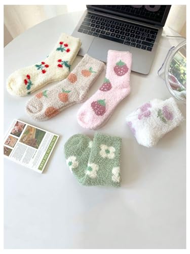 Image of WDIRARA Women's 5 Pairs Cherry Fruit Fuzzy Socks Winter Warm Slipper Socks Cozy Home Sleeping Socks