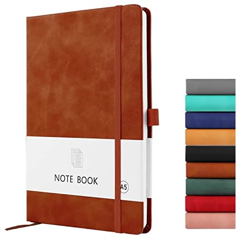 A5 Notebook, Notebook A5 200 Pages 100 GSM Journal Notebook Hardback Notepad with Bookmark, Pen Loop, and Elastic Closure (Brown) Cover