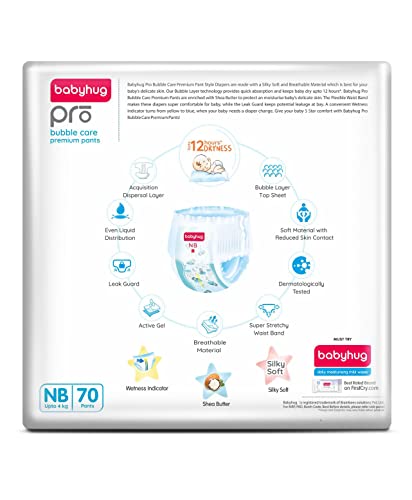 Image of babyhug Pro Bubble Care Premium Pant Style Diaper New Born (Nb), Unisex - Size - 70 Pieces