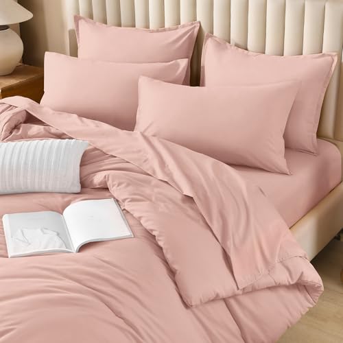 Image of Litanika Comforter Queen Size Set Blush Pink - 7 Pieces Bed in a Bag Queen Bedding Comforter Sets, Plain Lightweight Bed Set with Comforter, Sheets, Pillowcases & Shams
