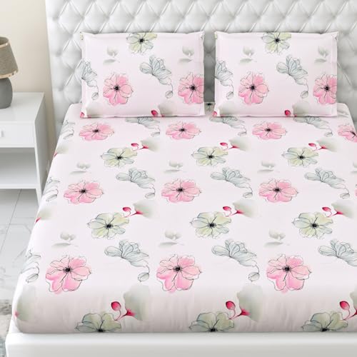Image of Haus & Kinder Pure Cotton Luxury 300 TC King Fitted Bedsheet for Double Bed with 2 Pillow Covers (72 x 78 x10) | White Pink