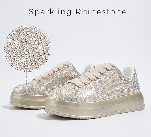 Image of LUCKY STEP Rhinestone Platform Sneakers for Women | Sparkly Glitter Bling Tennis Shoes Fashion Wedding Party Walking Sneakers