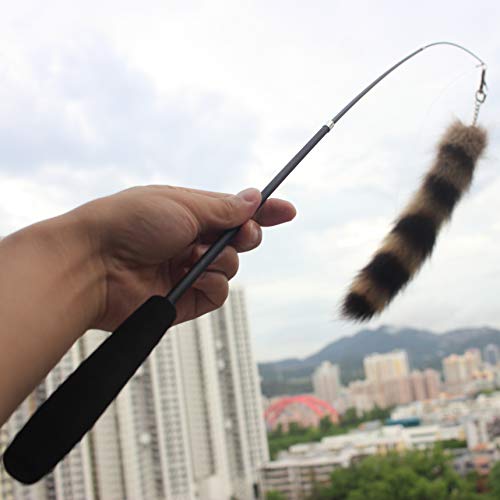 Fosrion Real Raccoon Tail Fur Dog Bites Toy With Three Section Retractable Carbon Fiber Rod (Raccoon Tail) #TOP1