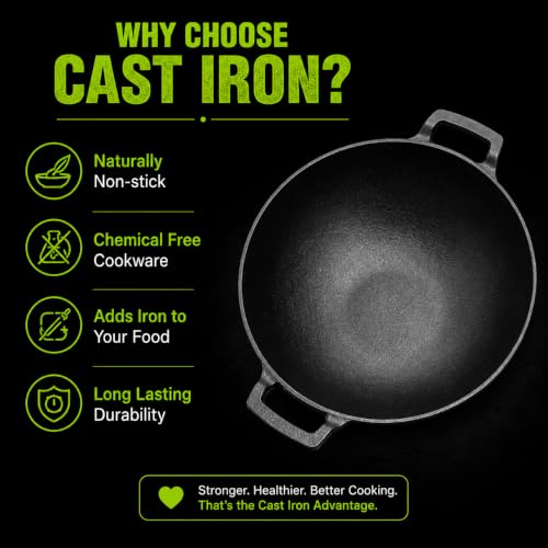Image of Esspy Pre-Seasoned Cast Iron Kadai with Silicon Handle | 24cm /8.6inch | Kadhai for Deep Frying, Sauteing, Stir Fry, Curry & Indian Cooking | Naturally Non-Stick | Gas, Induction & Oven Compatible