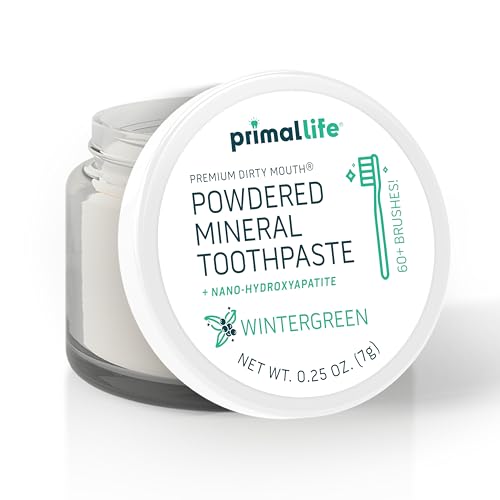 Image of Primal Life Organics - Dirty Mouth Toothpowder, Tooth Cleaning Powder, Flavored Essential Oils with Natural Kaolin & Bentonite Clay, Good for 60+ Brushings, Organic, Vegan (Wintergreen, 0.25 oz)