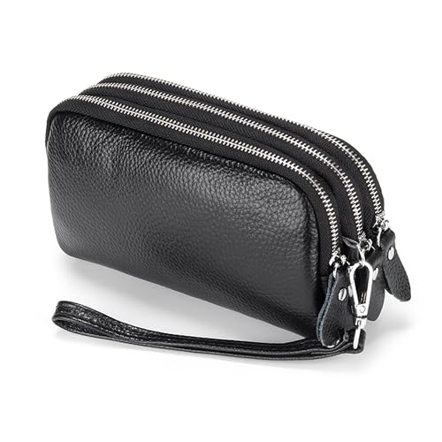 FORRICA Mujer Cartera Cuero Genuino Gran Capacidad Elegante Billeteras Cremallera Ligera Monederos Carteras de Piel para Dama con Correas de Muñeca Negro