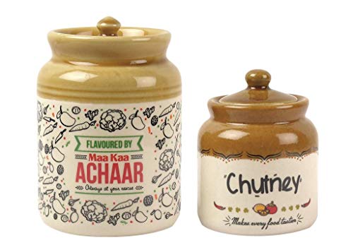EK DO DHAI (DEVICE) Ek Do Dhai Stoneware Jar Set With Lid, For Achaar & Pickle Sukha Masala, Chutney Etc - Pack Of 2-700Ml And 300Ml