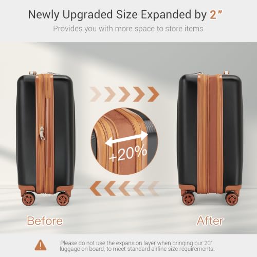 Image of Kono Carry On Luggage Sets 2 Piece, 20 Inch Expandable Hardshell Suitcase | 22x14x9 Airline Approved with Toiletry Bag, Lightweight PC+ABS, Spinner Wheels, TSA Lock, for 1-3 Days Trips, Black & Brown