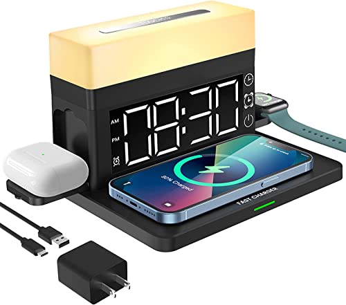 GAOHANG ワイヤレス充電器 5イン1 18W 高速ワイヤレス充電ステーション 目覚まし時計とナイトライト付き ワイヤレス充電スタンド iPhone 13/12/11/Pro/SE/XS/XR/X/8Plus/8/Samsung Galaxy/iwat