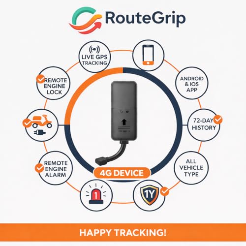 Image of RouteGrip 4G GPS Vehicle Tracker with Remote Engine Lock /Unlock, Live Tracking, Mobile App Access, Black, for Car, Bus, Bike