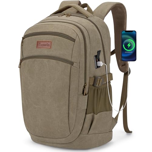 Tzowla Vintage Canvas Laptop Backpack for Men and Women,College Travel Work Rucksack with USB/Type-C Charging Port,Lightweight Bookbag Hiking Casual Daypack Backpacks Fit 15.6" Laptop(Olive Green)