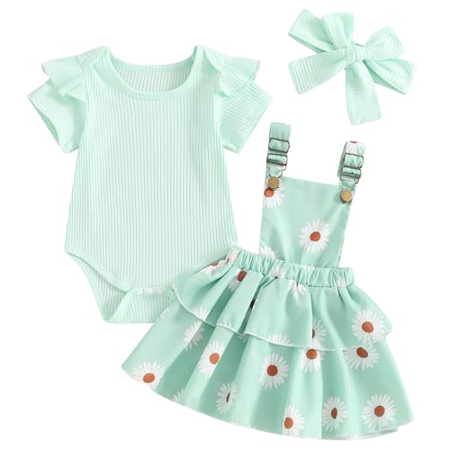 Image of Mubineo Baby Girl Summer Clothes Cute Outfits Short Sleeve Romper Overall Skirt Dress Headband 3PCS Newborn Outfit