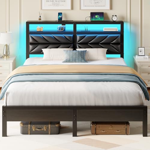 Image of Seventable Full Size Bed Frame with Charging Station & LED Lights, Upholstered Headboard with 2-Tier Storage Shelves, Metal Platform with Under Bed Storage, No Box Spring Needed, Easy Assembly, Black