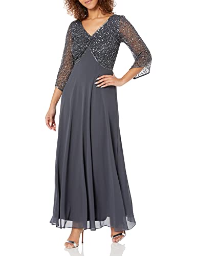 J Kara Women's 3/4 Sleeve V-Neck Embellished Top Long Dress, Grey/Gun, 14