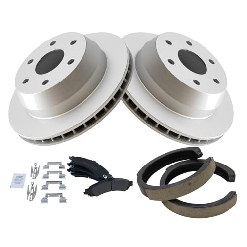 Image of TRQ Rear Brake Pad and Rotor Set Semi Metallic Coated Rotors Compatible with 2000-2006 Cadillac Escalade Chevrolet Avalanche 1500 Silverado 1500 Suburban Tahoe GMC Sierra 1500 Yukon XL 1500
