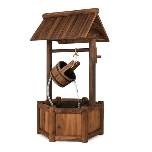 Tangkula Outdoor Wishing Well Water Fountain, Old-Fashioned Wood Waterfall Fountain