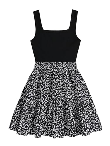 SOLY HUX Girl's Floral Print Dress Square Neck Sleeveless A Line Flowy Summer Short Dresses