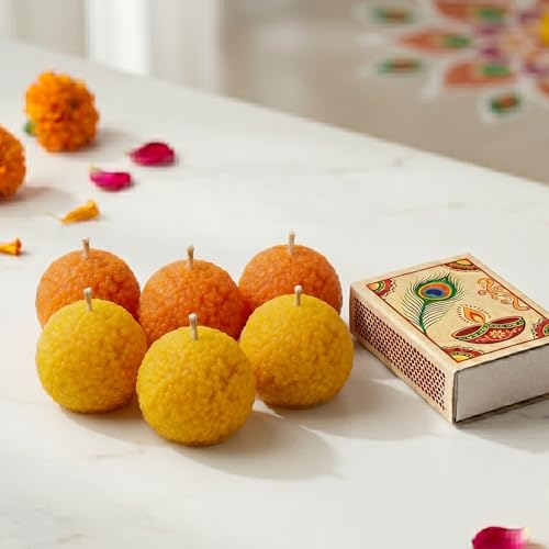 Image of Motichoor Ladoo Scented Candles with Sandalwood Fragrance, Scented Decorative Smokeless Wax Diyas for Diwali, Ganesh Chaturthi, Pooja Decor & Festive Gifting (Pack of 6)