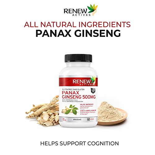 Renew Actives Panax Ginseng Supplement. 500Mg Per Serving. Help Boost Energy, Performance & Cognitive Function. Easy Swallow Vegan Capsules. Gluten & Gmo Free #TOP6