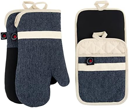 Oven Mitts and PotHolders Sets, 4 Pcs Kitchen Oven Glove High Heat Resistant 400°F Pot Holders for Kitchen, Non-Slip Neoprene Oven Mitts are Suitable for Cooking, Baking (Black)