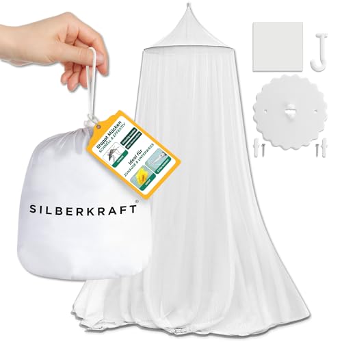 Silberkraft Moskitonetz XXL für Doppelbett - Mückennetz mit Reißverschluss-Öffnung, inklusive Klebehaken, geeignet für Reisen und zu Hause, feinmaschiges Netz, mit Beutel zur Aufbewahrung