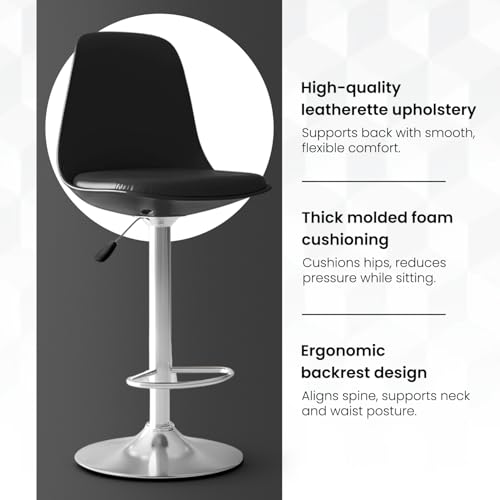 Image of DIYA Seating Solutions 360 Revolving Adjustable Height Bar Stool Chair with Chrome Metal Base | 1 Year Warranty | Leatherette Upholstery | Stable Stool for Dining Spaces, Cafeteria- Black (Pack of 2)