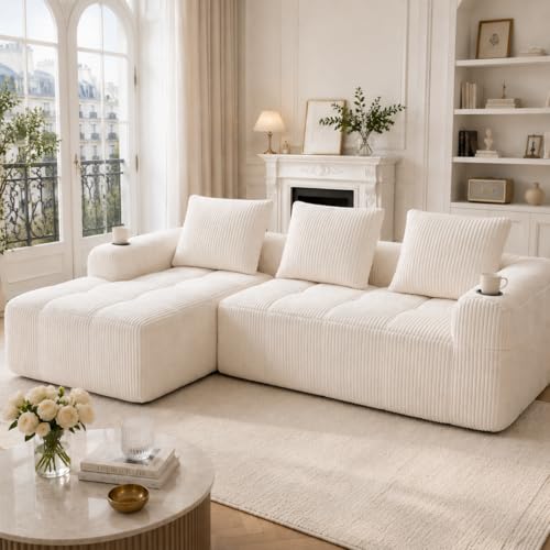 Yihomfy Canapé d'angle convertible, 253 cm, canapé compressé 3 places avec porte-gobelets et poches latérales, canapé modulable en velours côtelé avec...