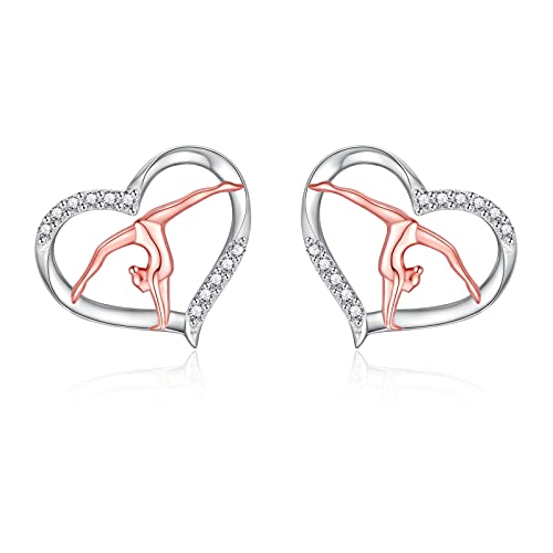 MANBU Sterling Silver Gymnastics Earrings Necklace Gymnast Heart Rose Gold Plated Jewelry Christmas Gymnastics Gifts for Daughter Granddaughter Gymnasts