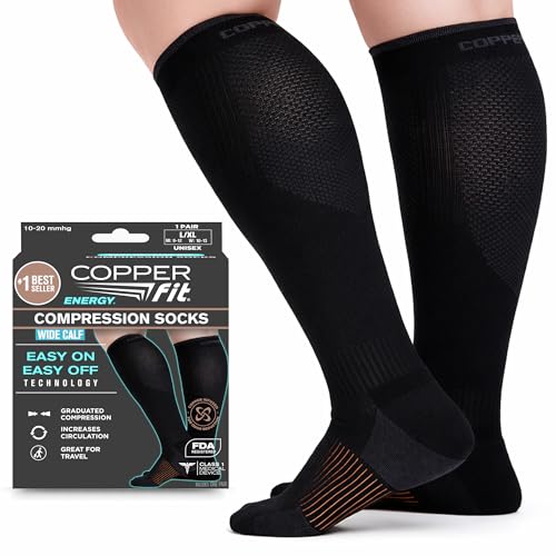 Image of Copper Fit Energy Graduated Wide Calf Compression Socks for Men & Women - Easy On, Easy Off, For Circulation & Swelling Relief - Ideal for Travel, Nurses, Running, & Recovery