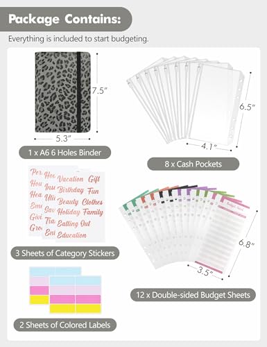 Image of A6 Budget Binder for Money Saving, Budget Planner, Money Organizer for Cash | with 8 Cash Envelopes, Budget Sheets & Rose Gold Category Stickers, PU Leather, Grey Leopard