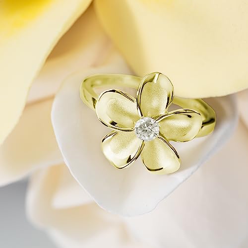 925 Sterling Silver 15mm Hawaiian Plumeria Flower Ring with Cubic Zirconia, 14K Gold Plated, Nickel Free Hypoallergenic for Sensitive Skin, Hawaii Island Jewelry, with Gift Box2