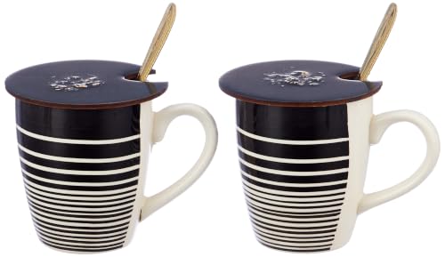 Image of The Earth Store Ring Brown Coffee Mug with Lid and Spoon Set of 2 | 280ML Ceramic Coffee Mugs Set of 2 | Resin Art Wooden Lid & Golden Spoon | Premium Coffee Mugs for Gift