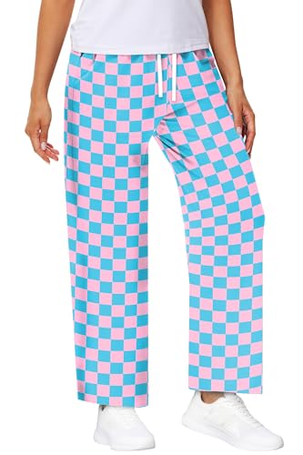 Remimi Womens Checkered Pants Casual Loose Wide Leg Sweatpants with Pockets2