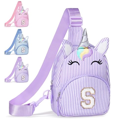 Image of COSHAYSOO Purple Unicorn Purse for Girls 3-5 4-6 5-7 6-8 8-10 Birthday Gift Ideas, Unique Cool Easter Baptism First Communion Gifts for Kids Little Girl Fanny Pack Crossbody Bag Initial Letter S
