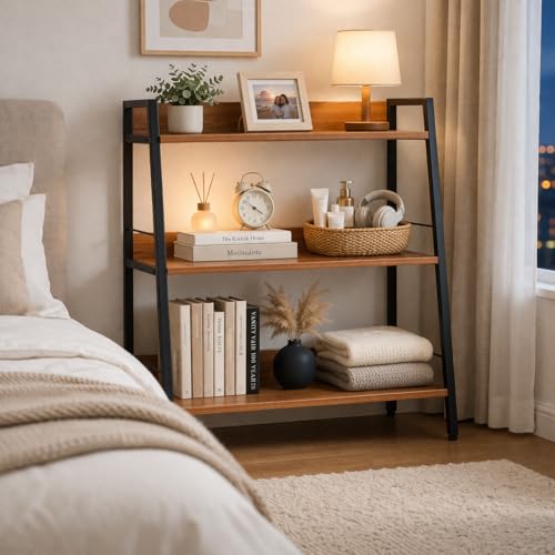 Image of Ladder Shelf, 3 Tier Bookshelf, Small Bookshelf for Small Spaces, Wood and Metal Bookcase, Ladder Bookshelf, Modern Storage Shelf for Living Room and Office (Black, Ladder)