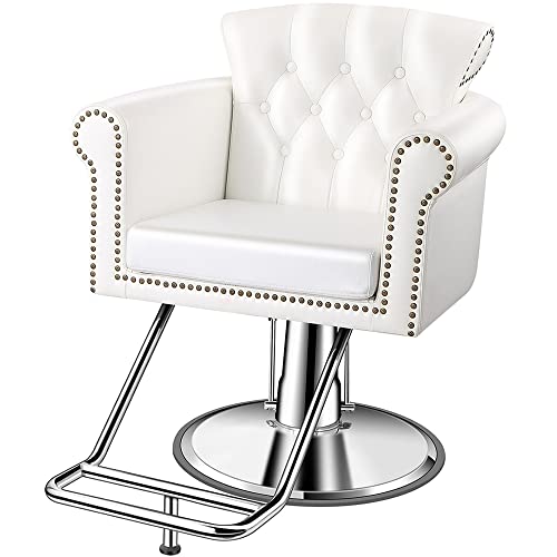 Baasha Salon Chair, Luxury Barber Chair Hair Salon Chair with Heavy-Duty Steel Frame, Shampoo Chair Hair Chair Tattoo Chair, Beauty Salon Equipment, Max Load Weight 440 Lbs - White
