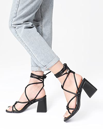 Image of Shoe'N Tale Lace Up Heels for Women Ankle Strappy Gladiator High Heeled Sandals Chunky Block Heel Square Open Toe Criss Cross Dress Shoes