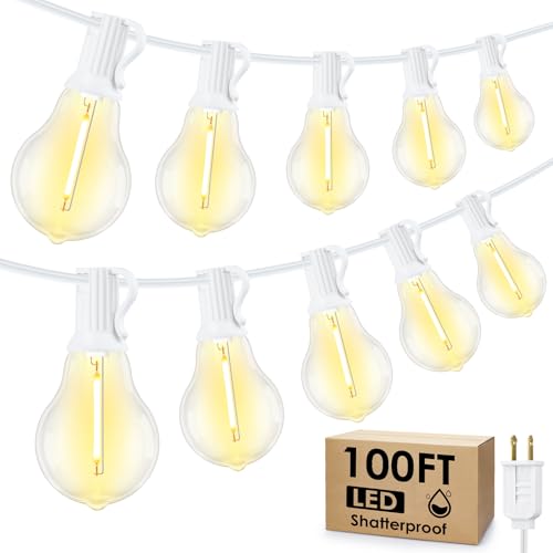 Larkvue 100FT Outdoor String Lights LED Patio Lights with 32 Waterproof Shatterproof Dimmable A39 Hanging Bulbs(2 Spare) for Garden Wedding-White