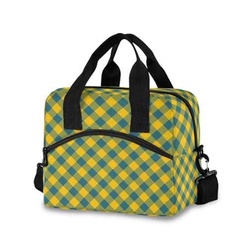 Insulated Lunch Bag Reusable Cooler Plaid Square Yellow Lunch Box Adjustable Shoulder Strap for Picnic Office School