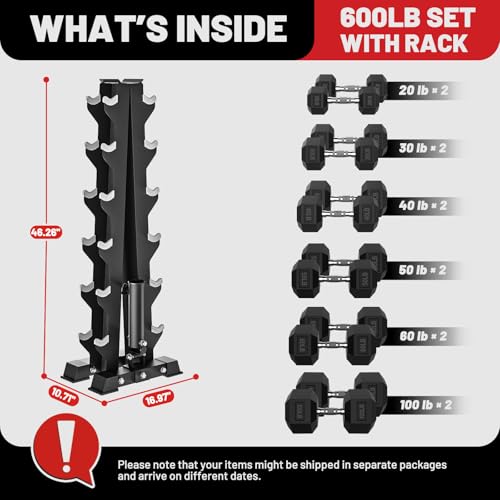 Image of PAPABABE Hex Dumbbell Sets with Rack, 100-600lb Rubber Coated Dumbbell Weight Set and Storage Rack, Multiple Options Hand Weights for Strength Training