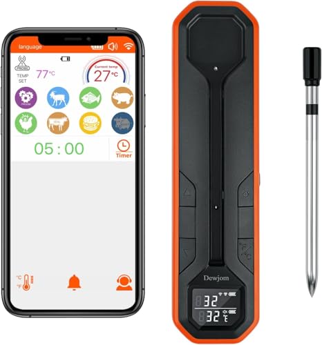 Wireless Meat Thermometer – Digital Cooking Thermometer with Wireless Probe – 500Ft Remote Range Food Thermometer – with iOS & Android Read App -Preprogrammed Temperatures for BBQ, Oven, Grill