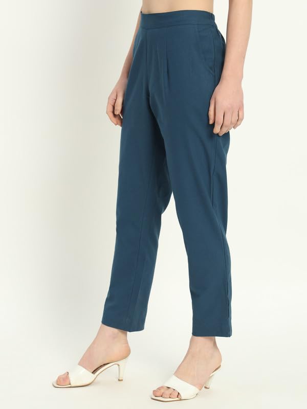 Image of Women's Solid Straight Fit 100% Cotton Trousers | High Waist, Side Pockets, Ankle Length Pants for Office, Casual