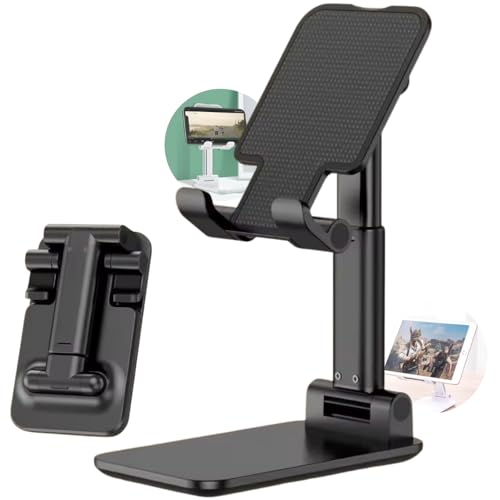 Suporte de Mesa para Celular e Tablet Dobrável Ajustável - Base Antiderrapante Universal - Ideal para Videochamadas, Filmes, Home Office e Viagens (Preto)