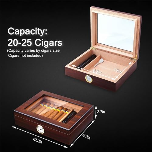 Bald Eagle Handmade Cigar Humidor, Cedar Cigar Desktop Box With Humidifier And Hygrometer, Glass Top 20-25 Cigars