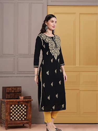 Image of Seva Chikan Hand Embroidered Lucknowi Chikankari Regular Straight Cotton Kurta Kurti for Women SCL4243