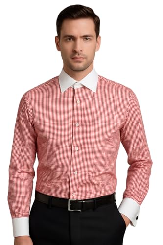 Image of Men's Premium Cotton Formal Dress Shirt - White Collar & French Cuffs with Cufflinks | Solid White, Micro Check & Striped for Office, Wedding