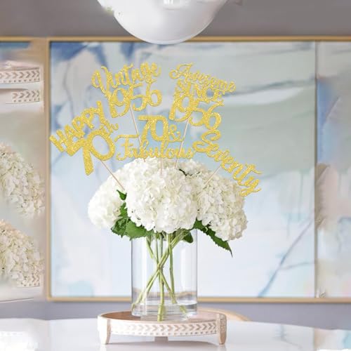 Image of 15 PCS 70th Birthday Centerpiece Sticks Double Sided Seventy Happy 70th Vintage 1956 Table Flower Centerpieces Sticks Cheers to 70 Fabulous Floral Decorations for 70th Birthday Party Supplies Gold